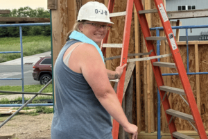 Habitat homeowner on build site.