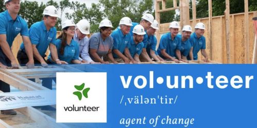Volunteer definition with a group photo of volunteers and the Volunteer portal logo