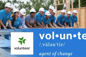 Volunteer definition with a group photo of volunteers and the Volunteer portal logo